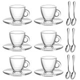 GURUDAR Espresso Fincanları Tabaklı ve Kaşıklı 6'lı Set, Cappuccino Latte Café Mocha Çay ve Daha Fazla İçecek için Cam Demitasse Kupaları, 90 ml, Şeffaf