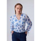 Gusto Beli Lastikli Çiçek Desenli Bluz - Mavi
