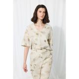 Gusto İz Koleksiyonu Eco Print V Yakalı Keten Bluz - Taş
