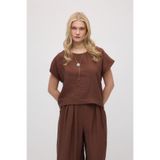 Gusto Yuvarlak Yaka Tencel Bluz - Kahverengi