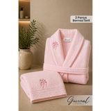 Güvenal Rüya 2 Parça Pamuk Nakışlı Bornoz Seti | Bornoz | Havlu | Çeyiz Seti - Pembe