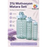 Güzelyüz Avm 3 Adet Şeffaf Motivasyon Matara Seti | Spor Kamp Su Matarası | Pipetli Suluk Su Şişesi 2000ML-900ML-500ML - 3BP-Yeşil