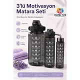 GÜZELYÜZ AVM 3 Adet Şeffaf Motivasyon Matara Seti | Spor Kamp Su Matarası | Pipetli Suluk Su Şişesi 2000ml-900ml-500ml