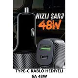 GÜZELYÜZ AVM Hızlı Araç Şarjı 6A 48W 1xUsb 1xTypeC Qualcomm 3.0 Hızlı Şarj Araç Kiti Çakmaklık Type-C Kablo AC-92