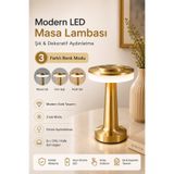 GÜZELYÜZ AVM Modern Led Şarjlı Dokunmatik Masa Lambası Metal 3 Farklı Renk Işık Parlaklık Ayarlı Gece Masa Üstü Lamba Gold