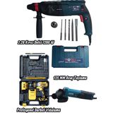 GVN PROTOOLS Profesyonel 3'lü Set - 1200W Kırıcı Delici Hilti, 125 mm Avuç Taşlama ve Çift Akülü, Full Set, Darbeli Vidalama Matkap Takımı
