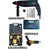 GVN PROTOOLS Profesyonel 3'lü Set - 1200W Kırıcı Delici Hilti, Devir Ayarlı 780 W Taşlama ve Çift Akülü, Full Set, Darbeli Vidalama Matkap Takımı