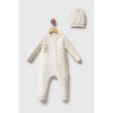 H HONEY BABY %100 Organik Pamuk Dad & Me Fermuarlı Tulum - Bej - 0 - 3 Ay