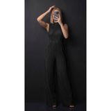 H & S DESING KADIN SİYAH FERMUARLI TULUM KOLSUZ GENİŞ PAÇA YÜKSEK YAKA PLİSELİ JUMPSUIT
