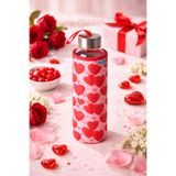 H2O Kırmızı Kalp Desenli Bez Çantalı Askılı Estetik Cam Matara Su Şişesi 500 ml