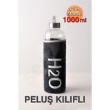 H2O Siyah Peluş Kılıflı Cam Matara 1000 ml - Spor, Okul, Ofis ve Günlük Kullanım İçin Büyük Boy Şık Su Şişesi