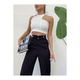 H&A İSTANBUL Kadın siyah Yüksek Bel Palazzo cepli bol paça Düğmeli Detay Slim Fit Kalip Pantolon
