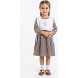 HaanBebe Kız Çocuk Kahverengi Pötikareli Vintage Elbise - Geyik Nakışlı Önlüklü ve Fırfır Detaylı - 2 - 3 Yaş
