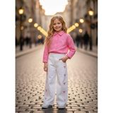 HaanBebe Kız Çocuk Pembe Keten Gömlek ve Nakışlı Beyaz Geniş Paça Pantolon Takımı - 4 - 5 Yaş - Pembe - Beyaz