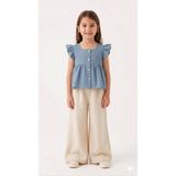 HaanBebe Kız Çocuk Pure Linen Doğal Keten Takım - Fırfırlı Peplum Bluz ve Geniş Paça Pantolon Seti - Mavi - 4 - 5 Yaş