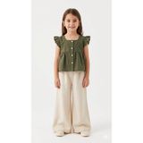 HaanBebe Kız Çocuk Pure Linen Doğal Keten Takım - Fırfırlı Peplum Bluz ve Geniş Paça Pantolon Seti - Yeşil - 4 - 5 Yaş