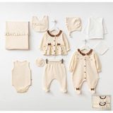 HaanBebe Vintage Tasarım Nakışlı Kız Bebek Hastane Çıkışı - 10’lu Set Fırfır Yakalı Bej - Yenidoğan - Ekru - Camel