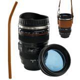 Habitree Kamera Lensli Kahve Kupası - Fotoğrafçılar ve Gezginler için İdeal - 2 Kapak, Bardaklık, Silikon Hasır - Paslanmaz Çelik Lens Kupa Termos - Erkekler ve Kadınlar için Harika Hediye -