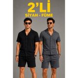 Hace Bazaar Erkek 2'li Krep Kumaş Cepli Gömlek Şort Takım Kısa Kollu Bağcıklı - Siyah Füme - Çok Renkli - Regular Fit - 3XL