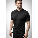 Hace Bazaar Erkek Yazlık Triko Dokuma Tişört Kısa Kol Bisiklet Yaka Örgü Desenli T-Shirt - Siyah - 2XL