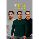 Hace Bazaar Fitilli Triko Kazak 3’lü Set – Gri, Haki, Siyah | Kalın Dokuma Pamuklu Regular Fit Bisiklet Yaka Uzun Kollu Kışlık ve Baharlık Rahat Triko Kombini - Siyah - Gri - Haki