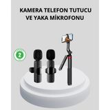 Hace Bazaar Kablosuz Çift Yaka Mikrofonu ve Tripodlu Selfie Çubuğu Içerik Üretici Seti