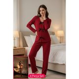 Hace Bazaar Kadın Bordo Fiyonklu Iç Çamaşırı ve Uzun Kollu V Yaka Pijama Takımı 4'lü Set - S - M