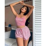 Hace Bazaar Kadın Pembe Çizgili Desen Askılı Şortlu Pijama Takım 9002