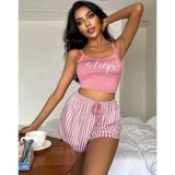 Hace Bazaar Kadın Pembe Çizgili Desen Askılı Şortlu Pijama Takımı Rahat Şık 2’li Set