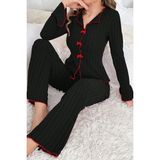 Hace Bazaar Kadın Siyah Kırmızı Biyeli ve Fiyonklu Uzun Kollu Mevsimlik Pijama Takımı - M - L
