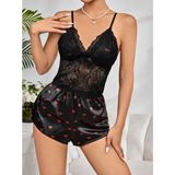 Hace Bazaar Kadın Siyah Kırmızı Kalp Desenli Saten Şortlu Pijama Takımı - Beyaz - S - M