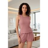 Hace Bazaar Kadın Tozlu Pembe Fırfır Detaylı Şortlu Kaşkorse Şık Gecelik Takımı Premium Gece Giyim - S - M