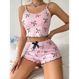 Hace Bazaar Pembe Fiyonklu Askılı Şortlu Kadın Pijama Takımı, Yumuşak Kumaş, Şık Detaylar,yazlık Kad� - Renkli - L - XL