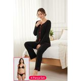 Hace Bazaar Premium Kadın 4’lü Fitilli Set – Siyah Kırmızı Biyeli (Pijama Üst, Pantolon, Bikini Takım - L - XL