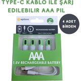 Hace Bazaar USB Type-C ile Şarjolabilen 4 Adet Aaa 1.5V Lityum Şarjlı Kalem Pil 750 Mah Uzun Ömürlü - 1 Adet
