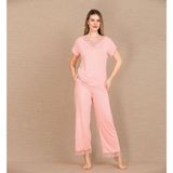 Hace Bazaar Viskon Şık Tasarım Dantel Işlemeli Açık Pembe Kısa Kol Pijama Takımı