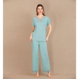 Hace Bazaar Viskon Şık Tasarım Dantel Işlemeli Mint Yeşil Kısa Kol Pijama Takımı - Nane - Mint