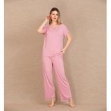 Hace Bazaar Viskon Şık Tasarım Dantel Işlemeli Pembe Kısa Kol Pijama Takımı