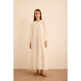 Hacimli Cotton Brode Elbise - Beyaz