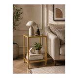HADİD METAL DİZAYN Mat Gold Metal Yan Sehpa Saksılık – 2 Raflı 4 mm Temperli Camlı Dekoratif Bitki Standı 45x35x85 cm sakgold