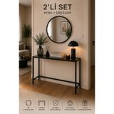 HADİD METAL DİZAYN Modern Metal Dresuar ve Yuvarlak Duvar Aynası Seti 90x90x30 cm + 60 cm Dekoratif Ayna – Siyah