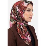 Hadiora Kadın Kahve Pembe Tropikal Yaprak Desenli Dikişli Yazma Pamuklu Tülbent Eşarp - Kahve - Pembe - Standart