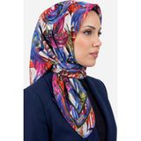 Hadiora Kadın Mavi Pembe Tropikal Yaprak Desenli Dikişli Yazma Pamuklu Tülbent Eşarp - Mavi - Pembe - Standart