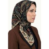 Hadiora Kadın Siyah Bej Şal Deseli Dikişli Yazma - Siyah - Kırmızı - Bej - Standart