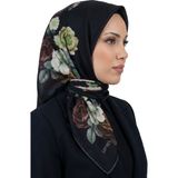 Hadiora Kadın Siyah Zeminli Çiçek Desenli Organik Pamuk Soft Eşarp - Siyah - Kahve - Beyaz - Standart