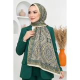 hadiora Kadın Yeşil Bej Mandala Desenli Organik Pamuk Soft Şal