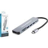 Hadron HDX7835 Type-C - 3xUSB 3.0 + Type-C PD + HDMI 4K 30Hz + Kart Okuyucu 7in1 Dönüştürücü Adaptör - Gri-Siyah