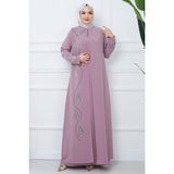 Hafsa Mina Büyük Beden Yaprak Taşlı Anne Elbisesi Pembe HM2350 - Pudra - 54