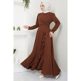 Hafsa Mina Fırfırlı Drapeli Elbise Kahverengi Örme Kumaşla Günlük Kullanım İçin Tasarlandı HM2419 - 46