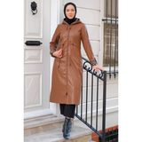Hafsa Mina Kol Katlamalı Deri Trençkot Taba HM2297 - 40